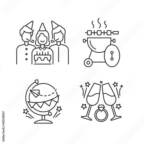 Family holiday party linear icons set. Birthday surprise celebration. Barbecue outdoors. Customizable thin line contour symbols. Isolated vector outline illustrations. Editable stroke