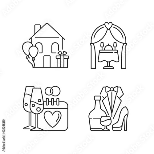 Family celebration linear icons set. Housewarming party. Engagement, romantic dinner. Wedding reception. Customizable thin line contour symbols. Isolated vector outline illustrations. Editable stroke