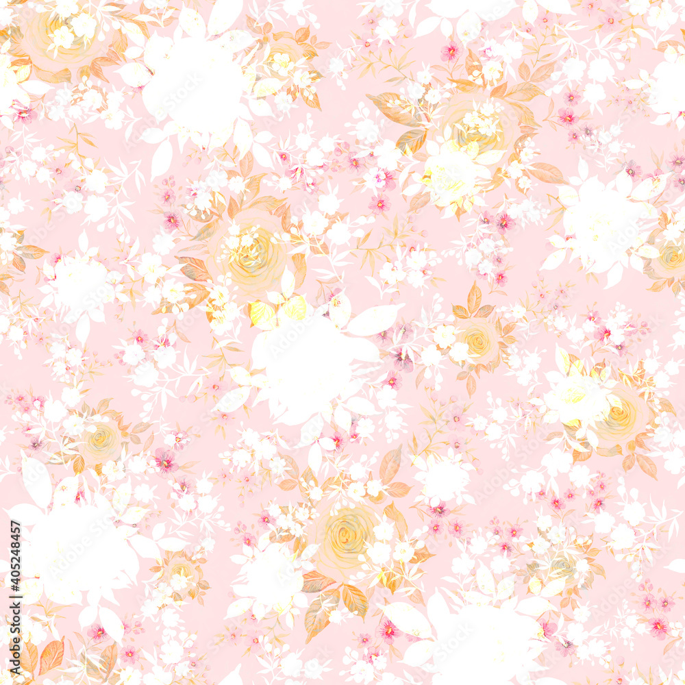  Abstract seamless floral pattern beautiful roses drawn by paints with wildflowers