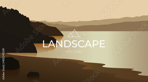 Landscape with silhouettes of mountains sea or ocean. Sea sunset. Nature background.