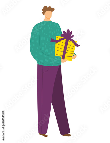 Cheerful happy character hold christmas gift box present, male xmas mood cartoon vector illustration, isolated on white. Concept holiday festival, man in warm sweater celebrate new year.