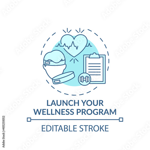 Launching wellness program concept icon. Workplace wellbeing idea thin line illustration. Personalized approach. Critical health issue. Vector isolated outline RGB color drawing. Editable stroke