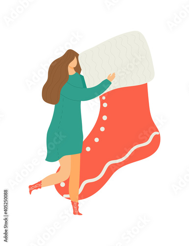 Cheerful tiny woman character hold christmas sock, female carry gift present cartoon vector illustration, isolated on white. Concept holiday festival, long haired girl celebrate new year.