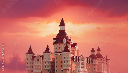 Obraz na plátně Dreamy castle on a background of fairy sunset sky.