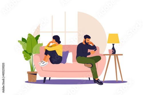 Man and a woman in a quarrel. Conflicts between husband and wife. Two characters sitting back to back, disagreement, relationship troubles. Concept of divorce, misunderstanding in family. Vector.