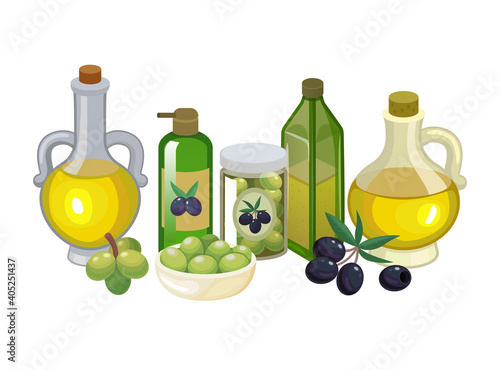 Concept eco health natural product virgin olive oil, fresh olive foodstuff, healthy butter food cartoon vector illustration, isolated on white. Banner environmentally friendly outgrowth edible.