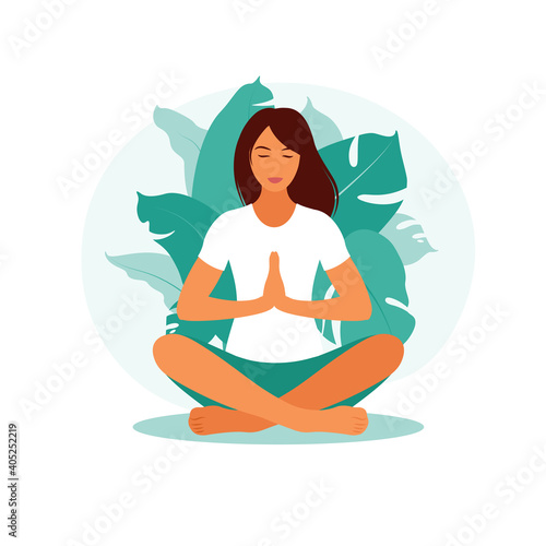 Woman meditating in nature. Meditation concept, relax, recreation, healthy lifestyle, yoga. Woman in lotus pose. Vector illustration.