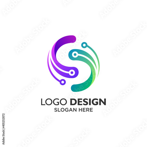 Abstract letter S and circuits for technology and security logo design

