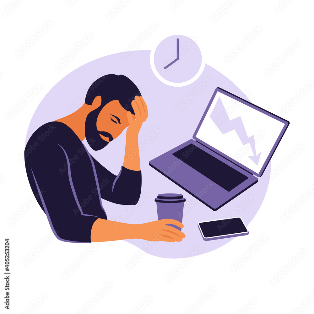 Professional burnout syndrome. Illustration tired office worker sitting at the table. Frustrated worker, mental health problems. Vector illustration in flat. Professional burnout syndrome. Illustration tired office worker sitting at the table. Frustrated worker, mental health problems. Vector illustration in flat.