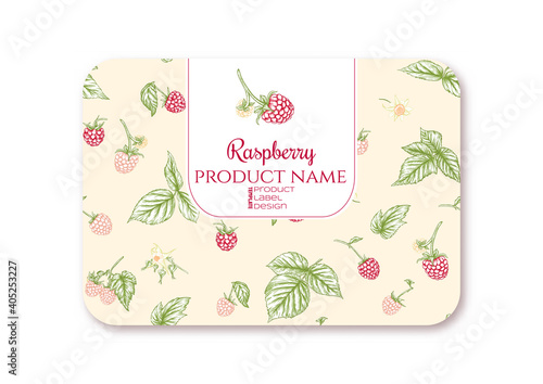 Raspberry. Ripe berries on branch. Template for product label, cosmetic packaging. Easy to edit. Graphic drawing, engraving style. Vector illustration..