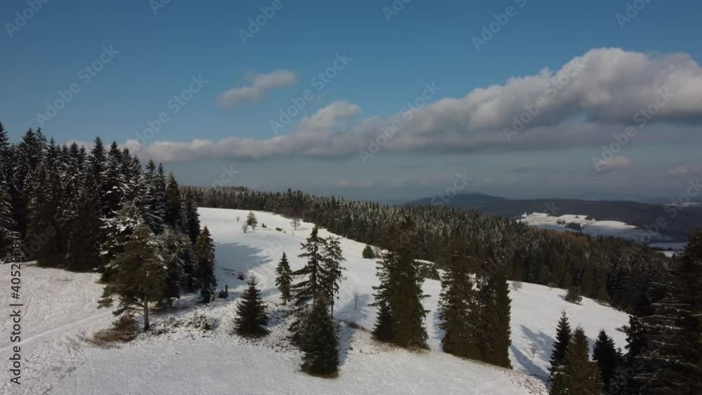 Aerial view flight above winter forest landscape mountains Aerial view flight above winter forest landscape mountains