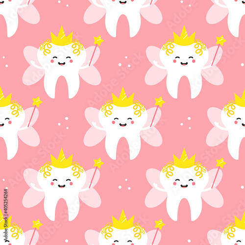 Vector seamless pattern background with cute tooth fairy cartoon character in crown holding magic wand for tooth fairy day.

