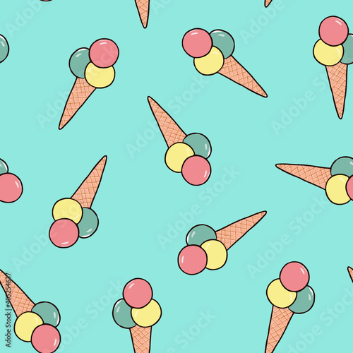 Zufällig angeordnete Eiskugeln in Waffeln als Vektor Grafik und nahtloses Muster.