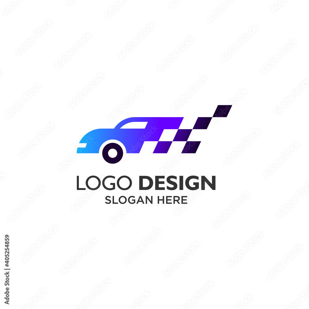 Car with race flag for automotive and championship logo design

