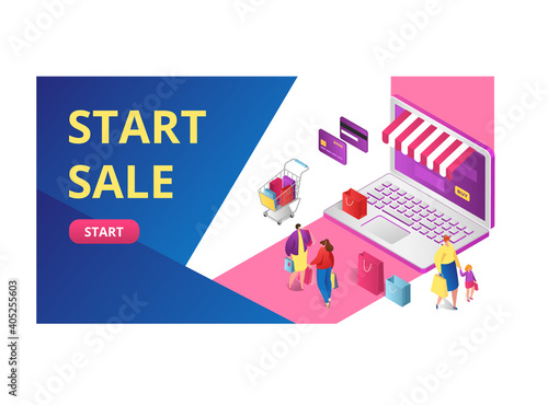 Start sale online shopping sell out, people standing gadget laptop package cl...