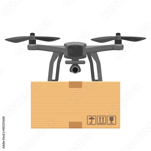 Fly drone carries a package. Flat vector cartoon illustration for fast online delivery