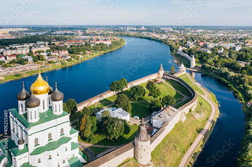 Aerial view of Pskov Kremlin (Krom) with Trinity Cathedral at junction of Velikaya River and Pskova River in Russia