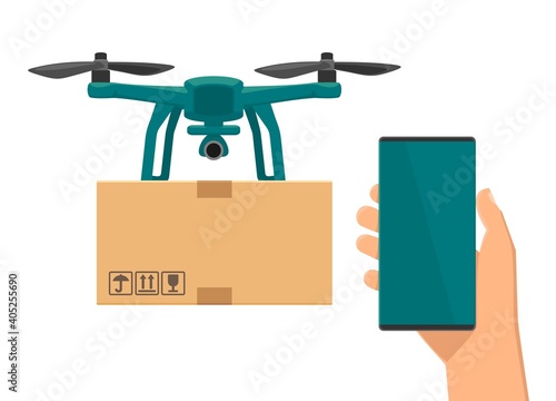 Fly drone carries a package. Flat vector cartoon illustration for fast online delivery