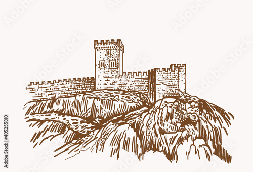 Graphical vintage Genoese Fortress , sepia background, Sudak,Crimea