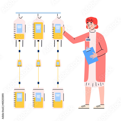 Blood banking laboratory employee female cartoon character registering bags of donated blood, flat vector illustration isolated on white background. Blood donation topic.