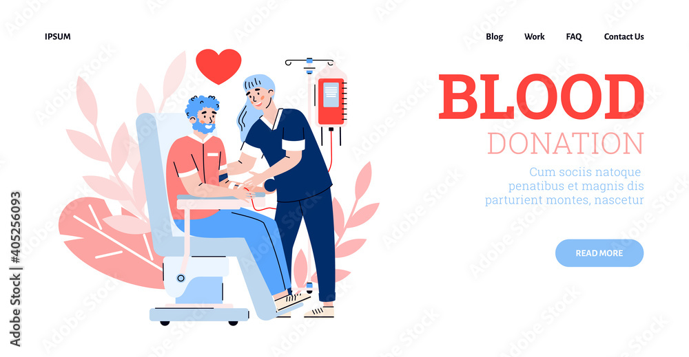 Blood donation clinic web page interface with characters of volunteer and nurse, flat cartoon vector illustration. Blood donation charity campaign web banner. Blood donation clinic web page interface with characters of volunteer and nurse, flat cartoon vector illustration. Blood donation charity campaign web banner.