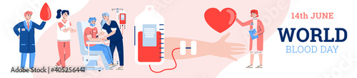 Banner or poster design for World blood donation day with cartoon people donating their blood to medical bank, flat cartoon vector illustration. Healthcare charity.