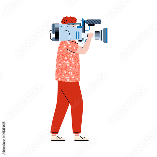 Cameraman or operator cartoon character with professional camera on his shoulder, flat vector illustration isolated on white background. Worker of film industry.