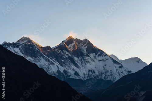 Sunrise over mount Everest and Lhotse from Namche Bazaar, Sagarmatha, Nepal © JossK