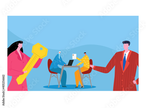 Businesswoman hold golden key, business negotiations with businessman, man character industry meeting flat vector illustration, isolated on white. Concept biz communication, job interview.
