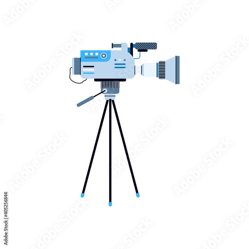 Icon of digital video camera on tripod. Professional equipment for cinema production, shooting films and movies, broadcasting news or tv show. Vector isolated illustration.