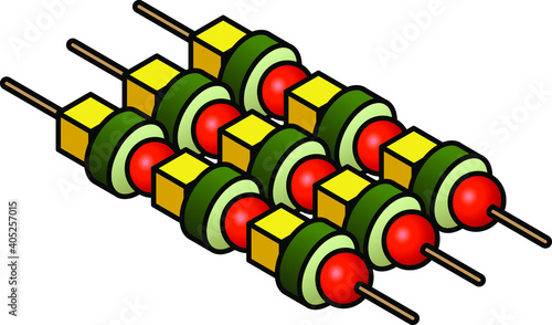 Three colourful vegetable skewers.