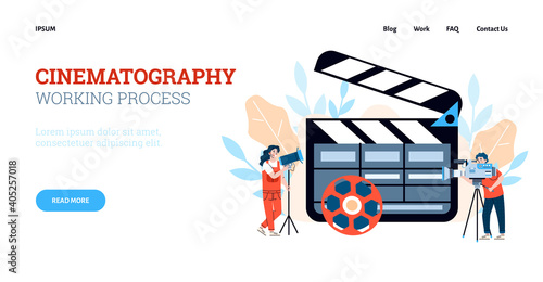 Cinematography working process website page template, flat cartoon vector illustration. Landing page design for filmmaking industry and cinema production.