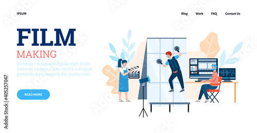Vector landing page template with filmmaking process. Cinema production crew on shooting video film in studio with decorations and movie equipment. Modern entertainment industry.
