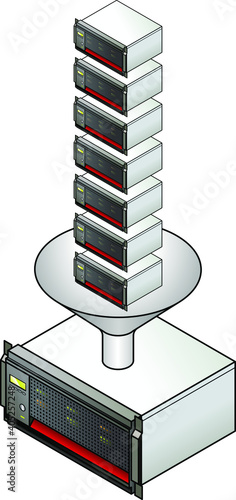 Server virtualization concept. Seven servers consolidated into one with a funnel.