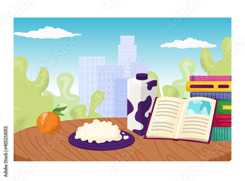 Relaxing foodstuff place, cozy reading area for meal milk, curd and organic fruit flat vector illustration, isolated on white. Concept romantic dinner location, view urban city background.