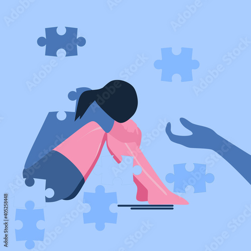 Psychotherapy support concept.Young woman sits on the floor, she falls apart into separate puzzles.Person is tired, needs help,cure from stress.Desperation,anxiety and loneliness vector concept.Blue