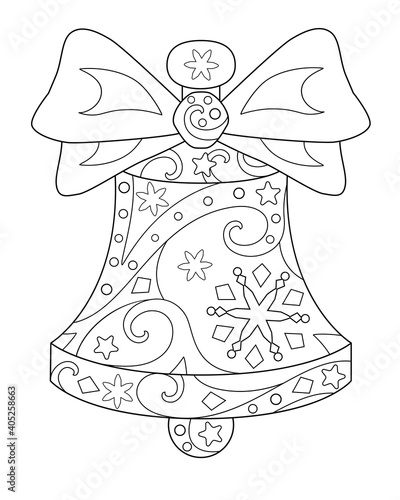 Bell with bow, antistress - vector linear illustration for coloring. Christmas or New Year element or school bell. Signal, notification - bell symbol. Outline. Bell is an element for antistress colori