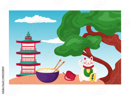 Feng shui cat waving paw, chinese building tower with rice bowl, asian urban landscape, cozy home area flat vector illustration, isolated on white. Concept oriental space, eastern green tree.
