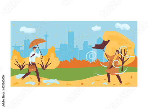 Man hold umbrella walk in urban city park, woman stroll autumn bad windy weather flat vector illustration, isolated on white. City background fall orange outdoor garden, strong gust wind.