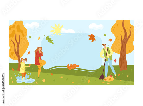 Young family walk in urban city park, character father mother and daughter cleaning outdoor garden flat vector illustration, isolated on white. People together cheerfully collect autumn foliage.