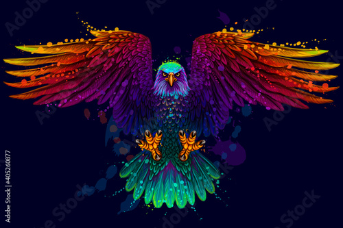 The eagle. Flying bald eagle. 
Color, abstract, neon, art portrait of a soaring bald eagle on dark blue background in pop art style.  Digital vector graphics. Separate layers