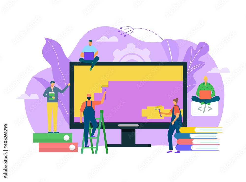 Obraz premium Development computer application, tiny character male female teamwork develop digital app flat vector illustration, isolated on white. Concept modern programming coding, people together engineering.