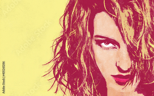 Pop art Beauty woman with yellow wavy fashion hair. Sexy model girl, makeup, fashionable poster. Colorful popart retro cartoon style, face closeup, yellow background. Advertising 80s