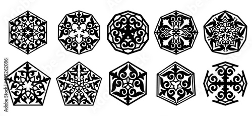 Set of 10 vector polygonal elements and motifs of Kazakh, Kyrgiz, Uzbek, Turk national Islamic ornament for custom design. Collection of black and white, isolated stock illustrations.
