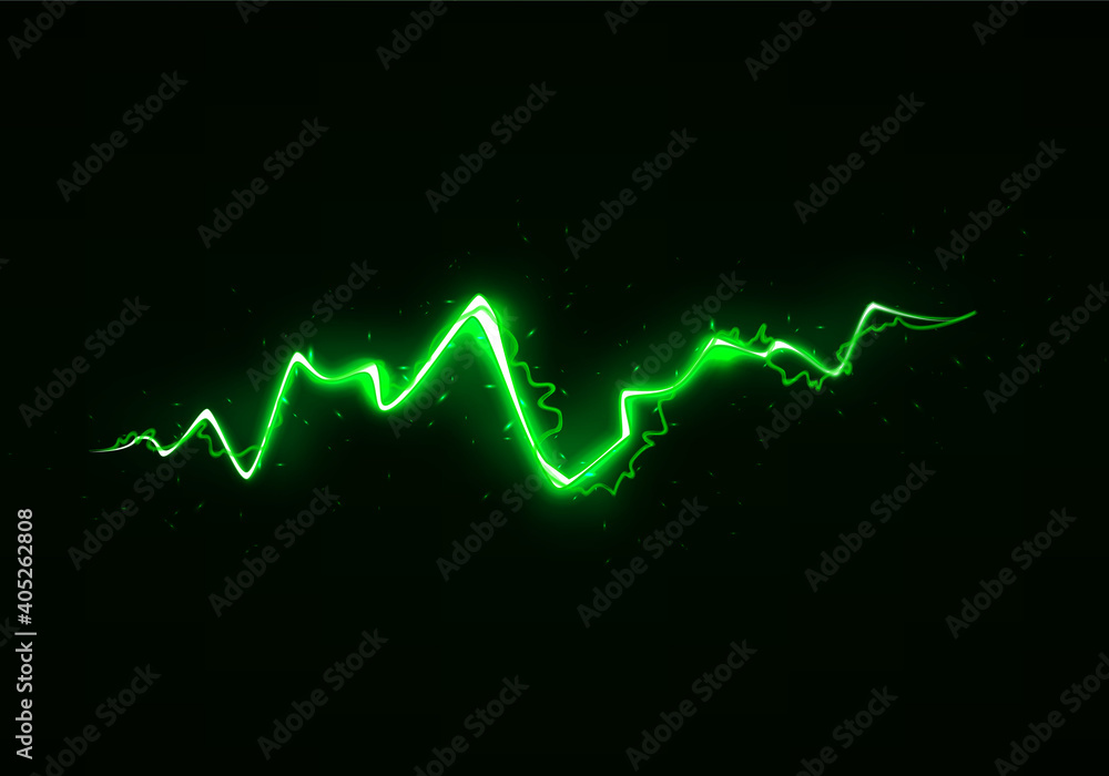 Vector Illustration of Abstract Green Lightning on Black Background. Blitz Lightning Thunder Light Sparks Storm Flash Thunderstorm. Power Energy Charge Thunder Shock