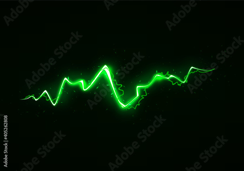 Vector Illustration of Abstract Green Lightning on Black Background. Blitz Lightning Thunder Light Sparks Storm Flash Thunderstorm. Power Energy Charge Thunder Shock
