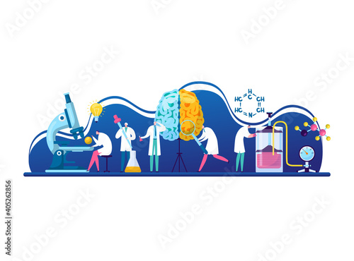 Studying human brain, character neurosurgeon doctor research cerebrum, tiny research fellow flat vector illustration, isolated on white. Medical modern laboratory work, chemical examination body.