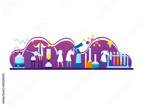 Tiny research fellow character studying chemical, scientific assistant laboratory work flat vector illustration, isolated on white. Medical concept exploration bioliquid, therapeutic banner.