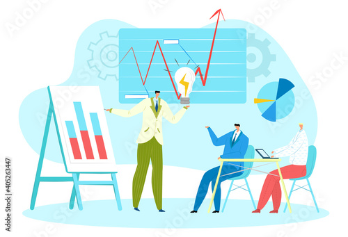 Presentation business concept, businessman hold light bulb idea, negotiation with team investor flat vector illustration, isolated on white. Information infographic background, successful start up.