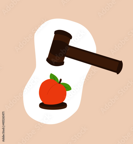 A justice hammer is about to crush a peach fruit, a symbolic representation of impeachment 